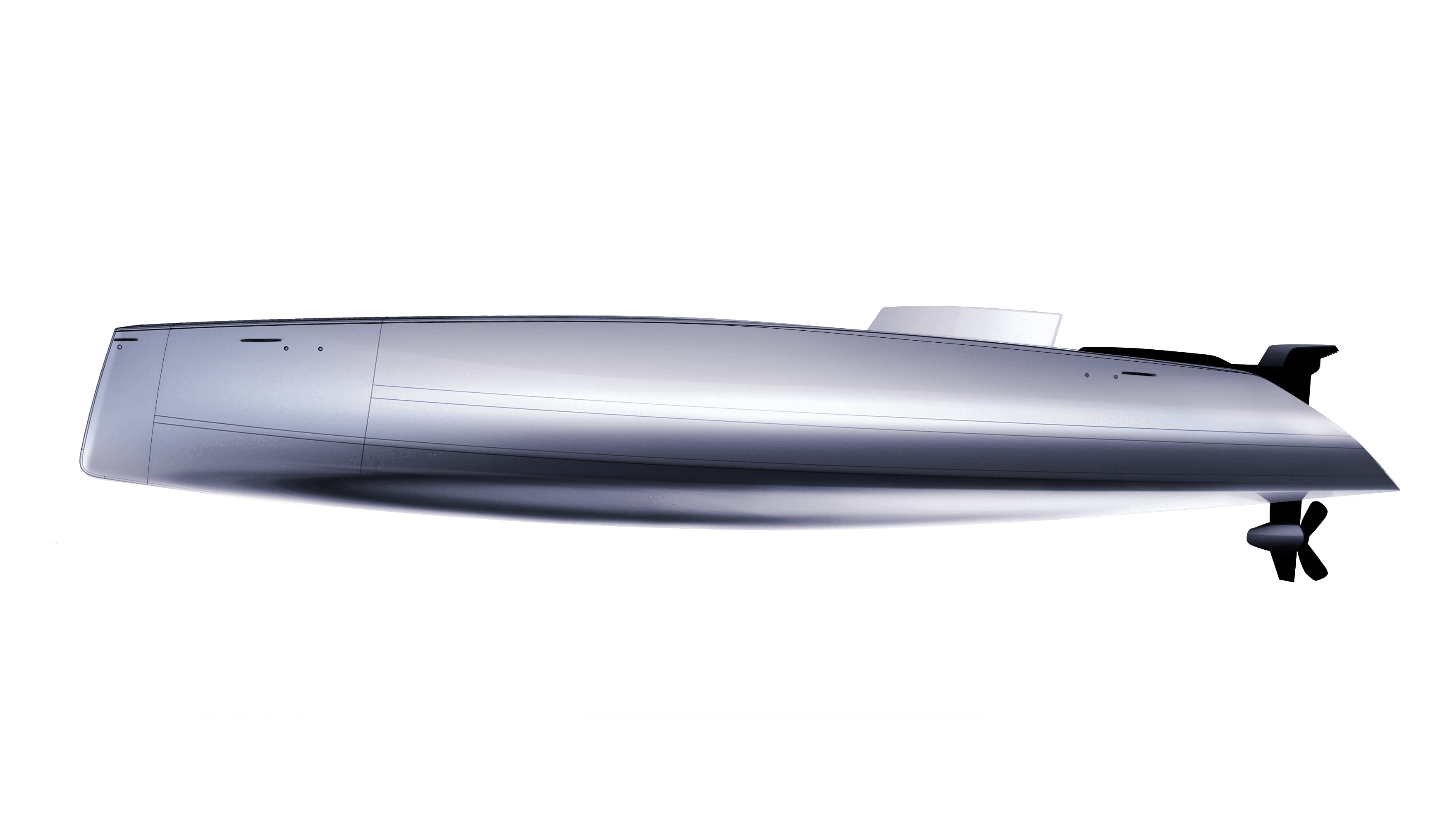 Side profile rendering of Kaebon electric boat highlighting clean carbon hull design