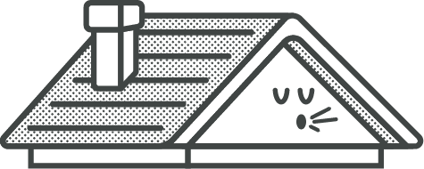 Simple line drawing of a cartoon house roof with a chimney and a whistling face.