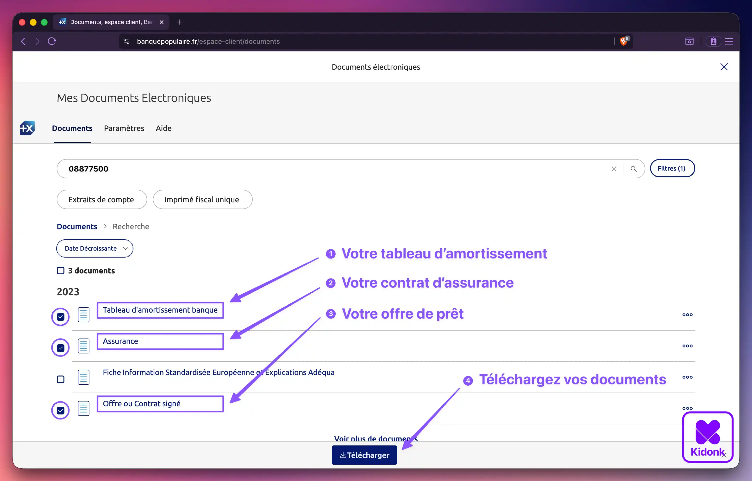 Navigateur web affichant les résultats de recherche dans la rubrique Documents de l'espace client Banque Populaire