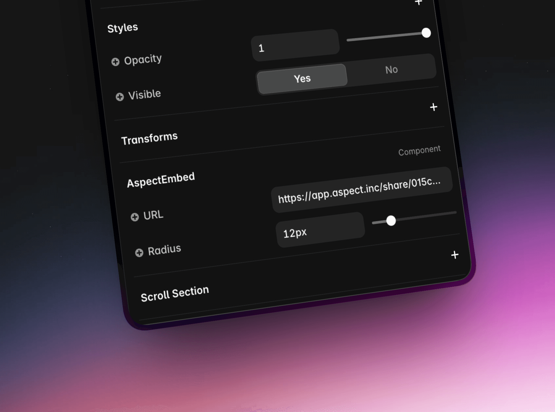 Aspect embed configuration interface