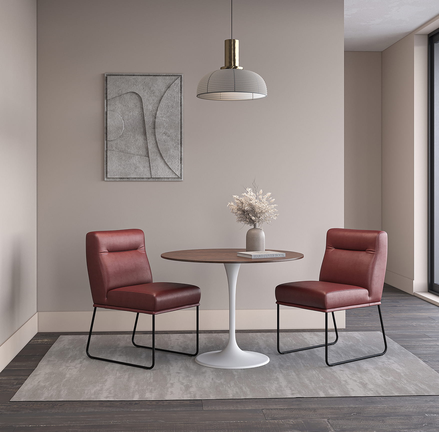 Modern dining table with two upholstered chairs in minimal interior 3D render