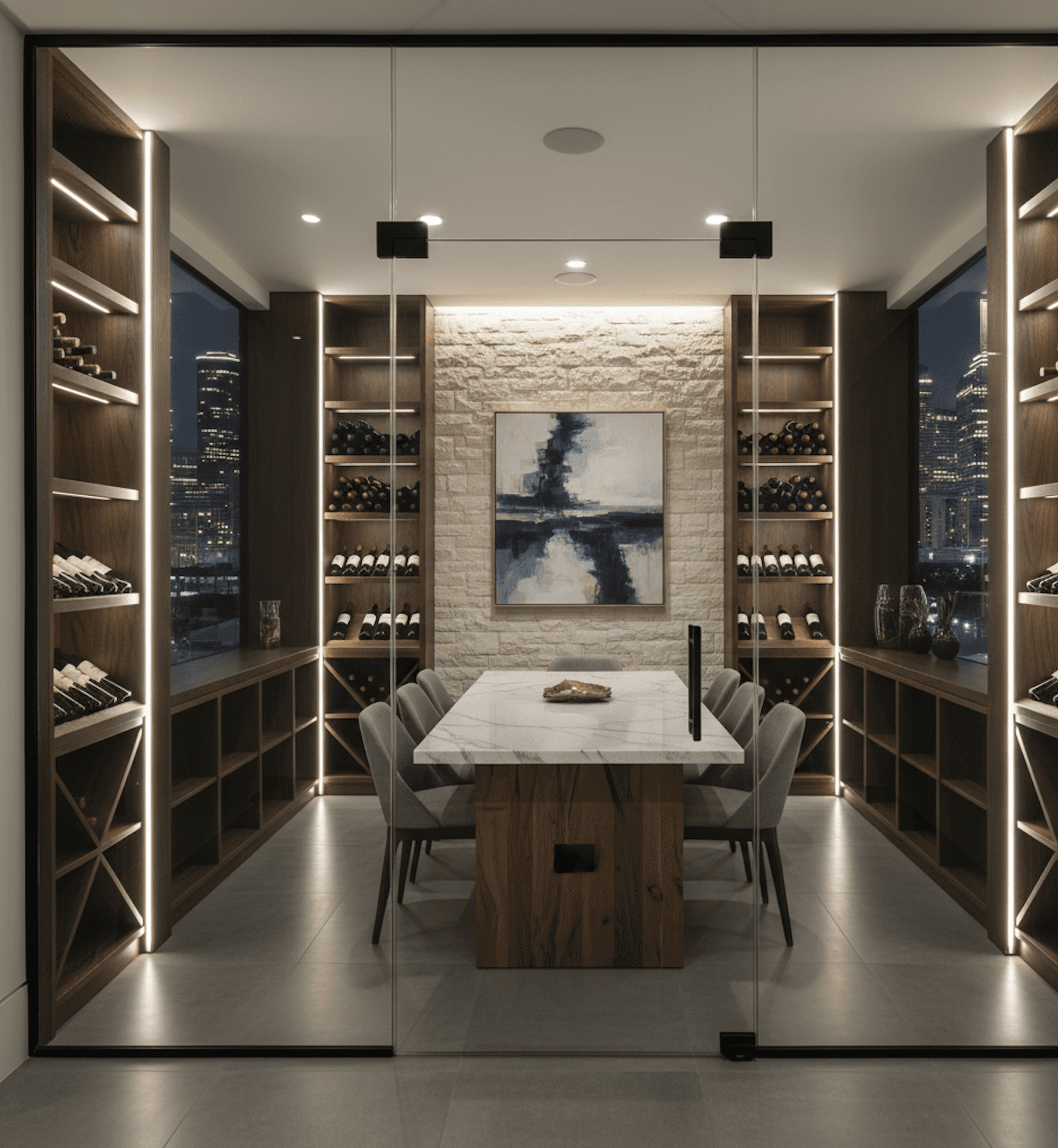 Large walk in wine cellar featuring black stone tile floor, with a tasting island, glass doors, and wooden angled wine racks located in Austin, TX