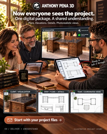Illustrated designer, client and maker reviewing a curved desk model and drawing views.
