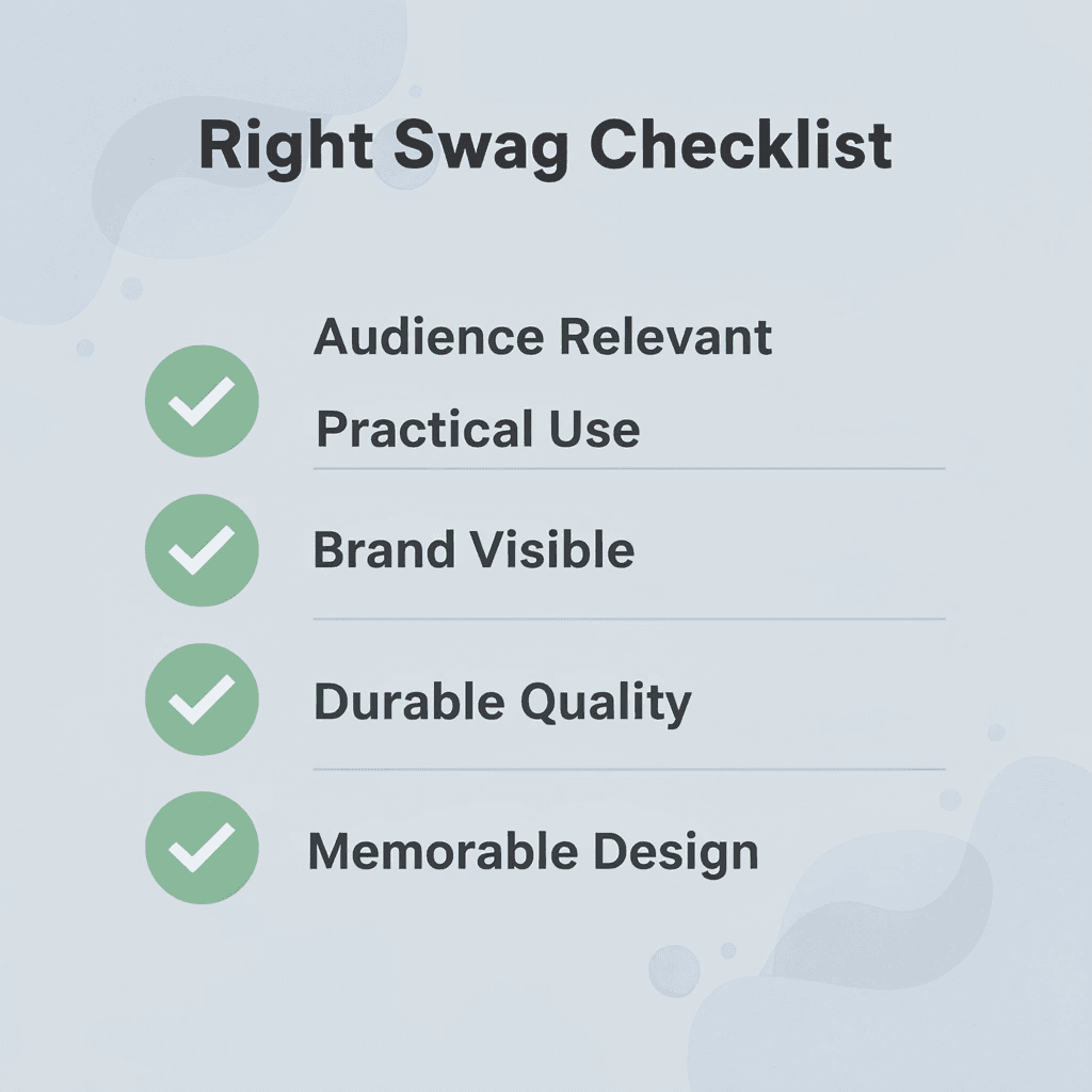  Checklist infographic showing five criteria for choosing the right trade show swag