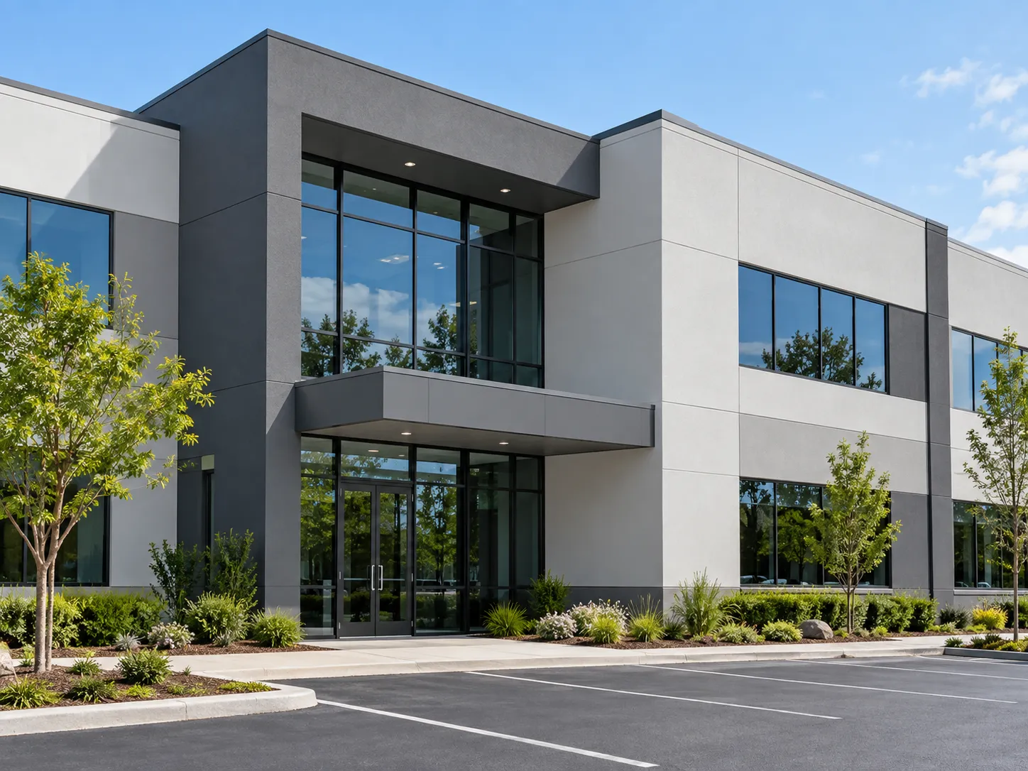 Modern office building with a freshly painted light gray and charcoal exterior