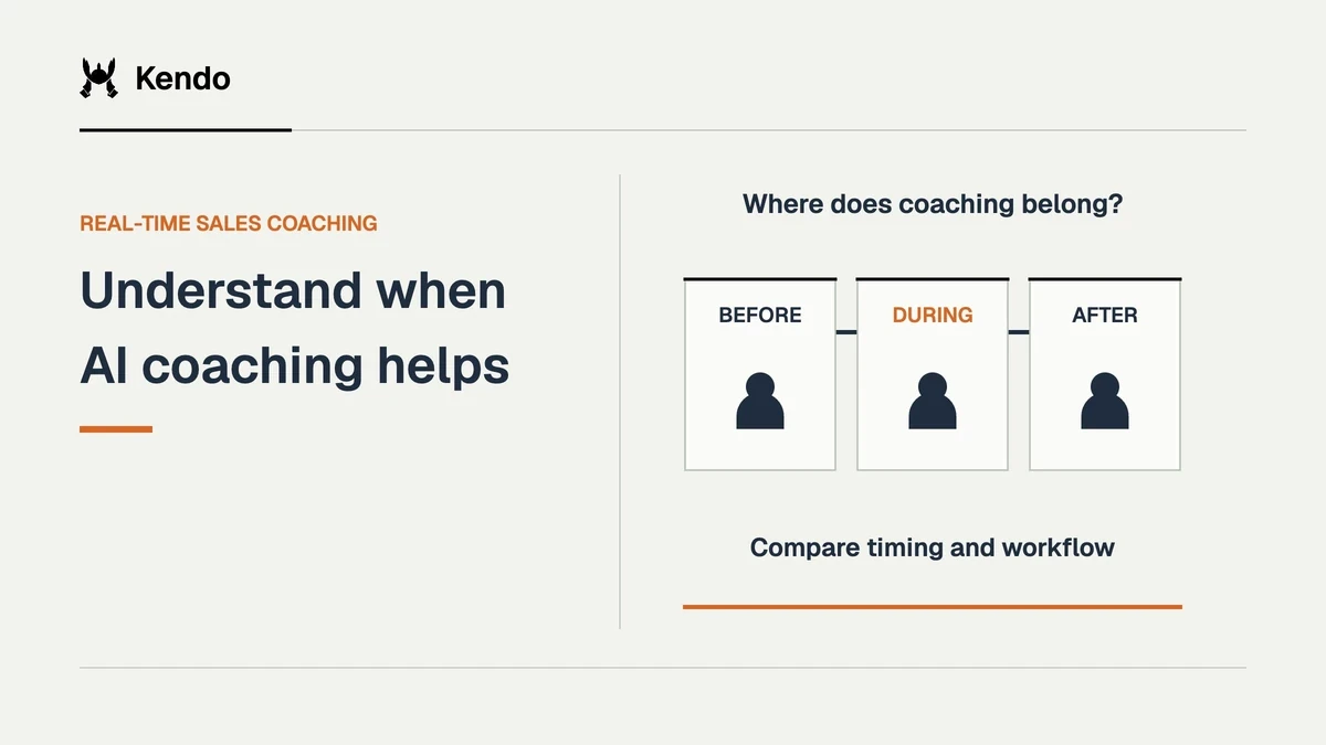 Understand when AI coaching helps. Before, during and after-call coaching are compared as different workflow timings, not a claim about Kendo's live in-call capabilities.