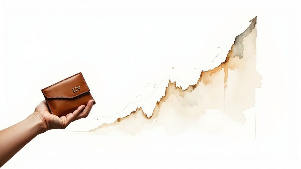A hand holds a brown leather wallet with 'LIV' against a background of a rising watercolor graph.