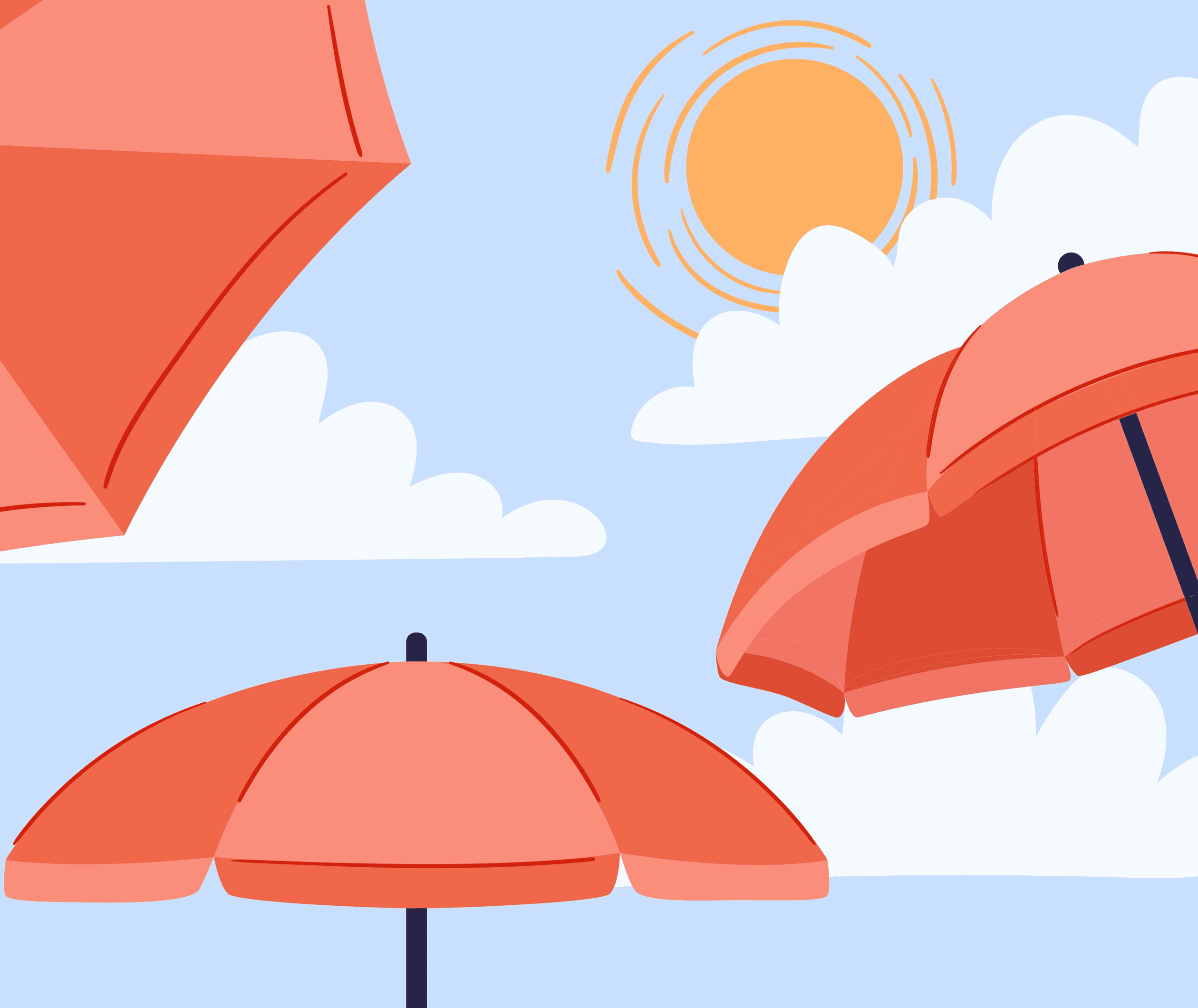 Red beach umbrellas under a bright sun