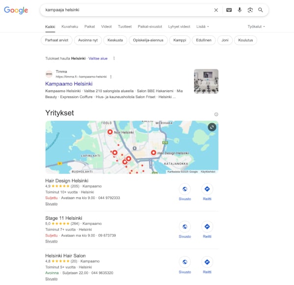 Google Local Pack hakutulokset