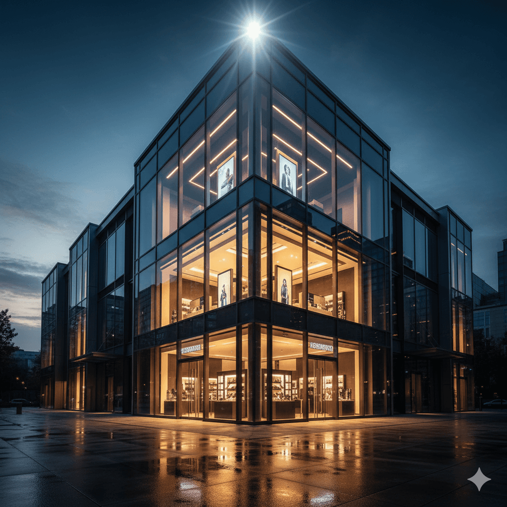 Modern glass facade of high-street retail shops, highlighting visibility and 1KM wide frontage at Sector 113 commercial property