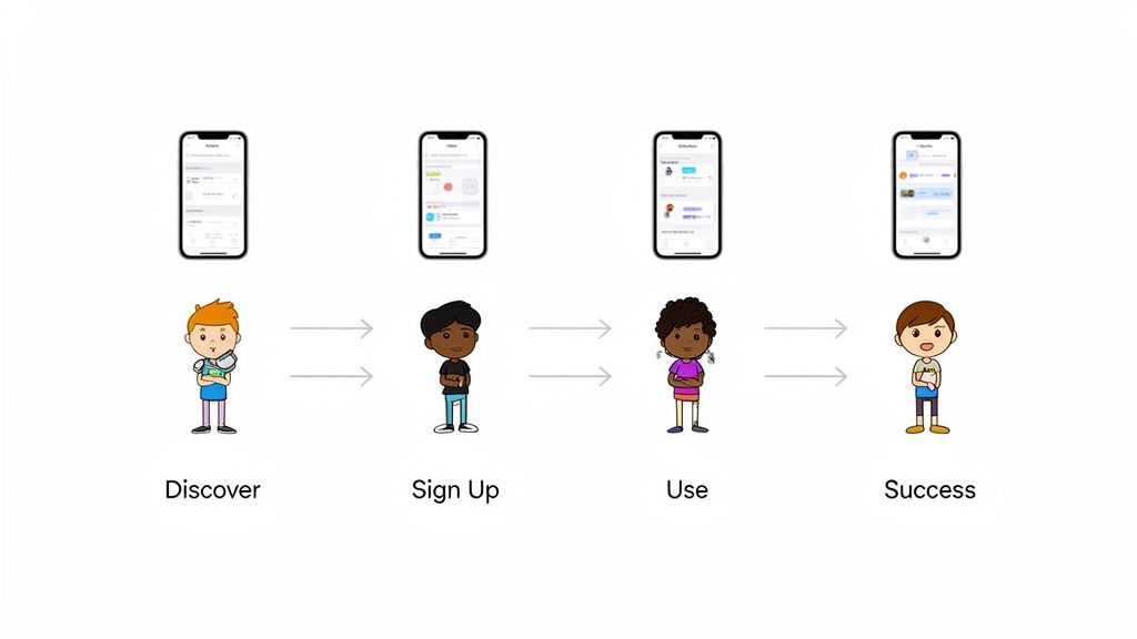 Four iPhones and cartoon characters illustrating an app user journey from discovery to success.