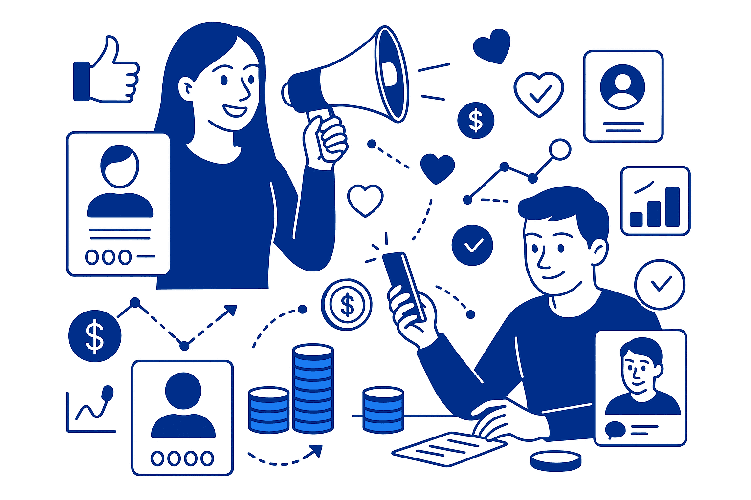 Two person surrounded by icons that represent important metrics while choosing the right KOLs for a Web3 marketing campaign