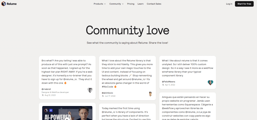 Relume's wall of love page