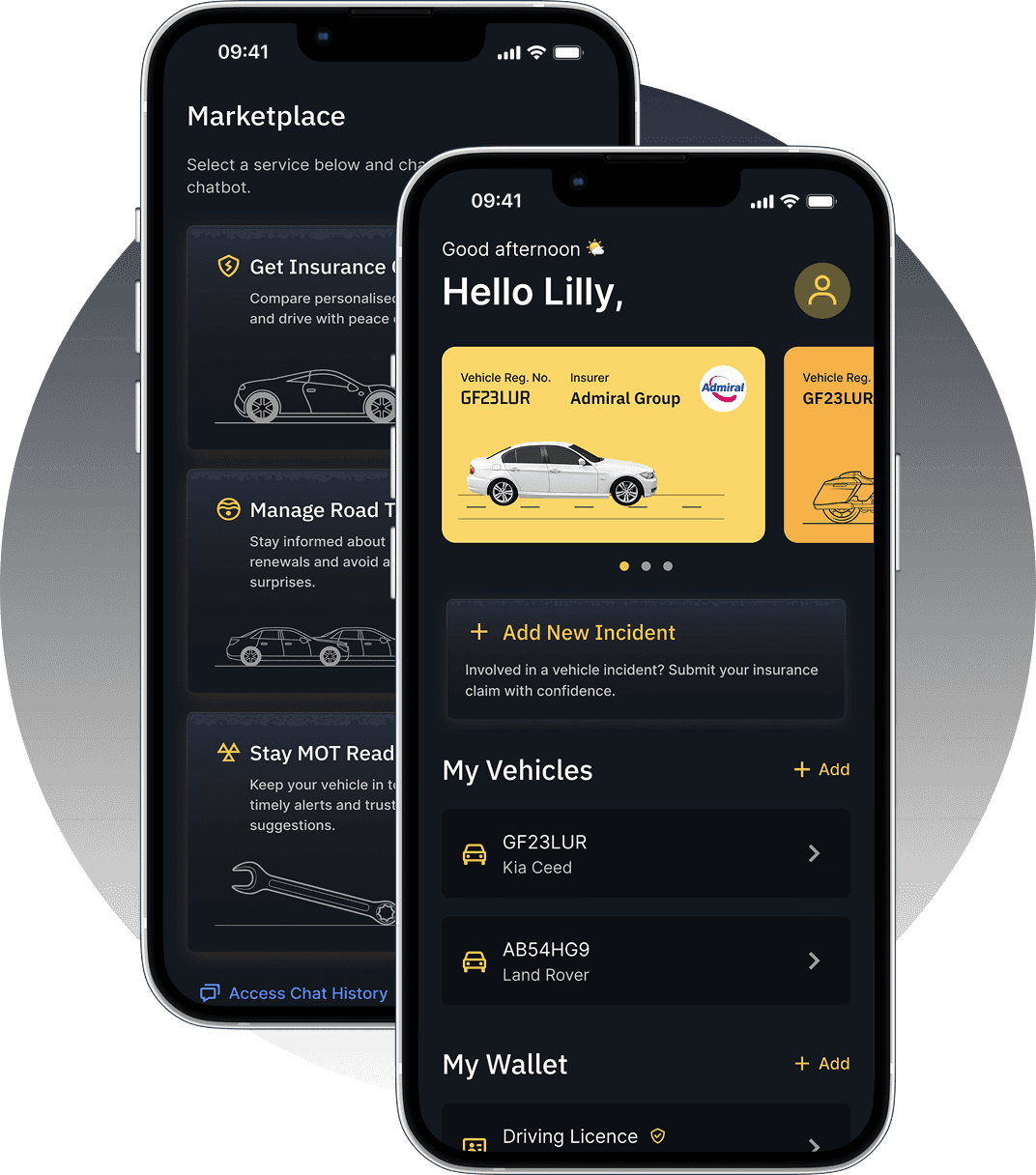 Motion Shield app screens showing Dashboard and marketplace