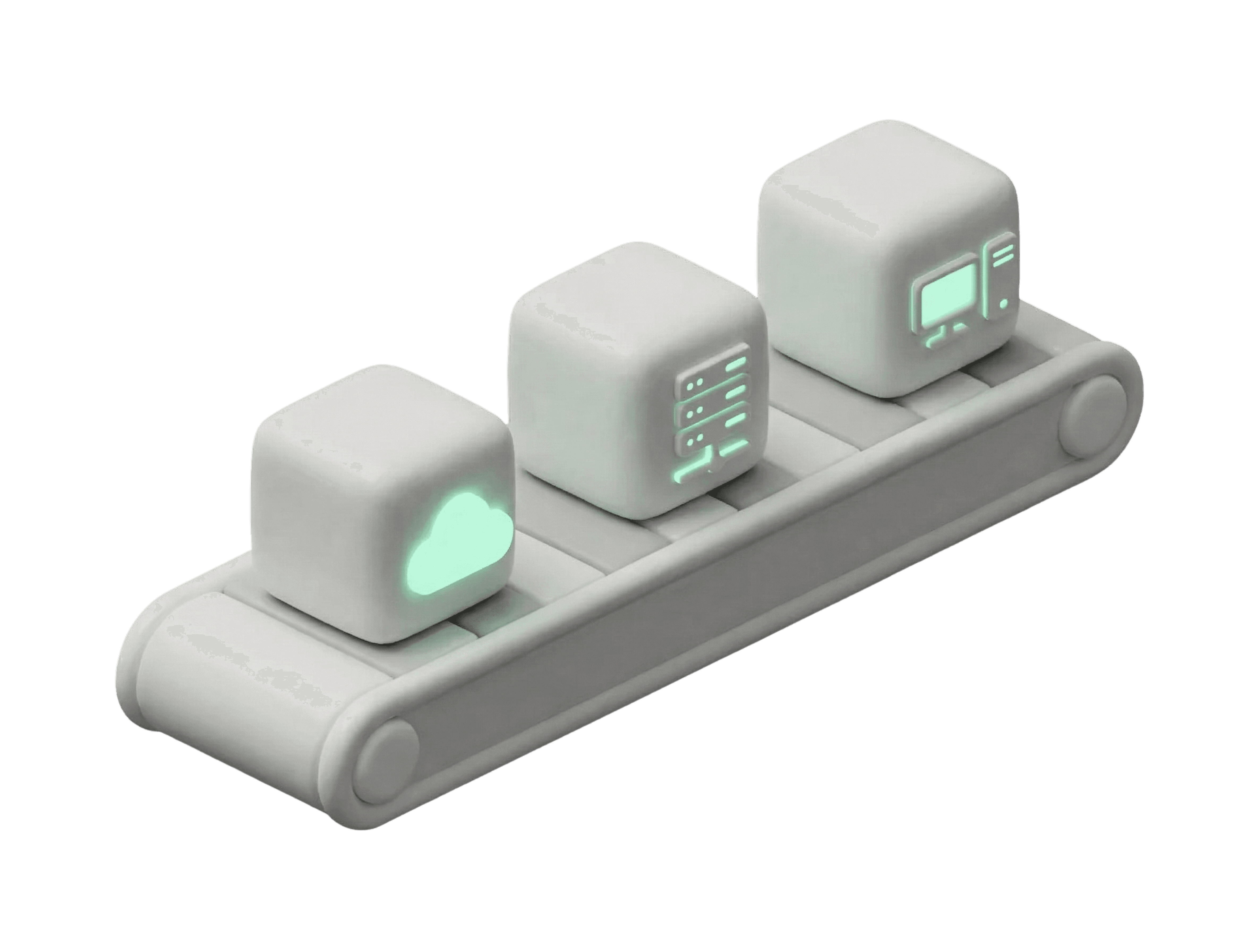 3D rendered white conveyor belt icon with glowing green cubes featuring cloud, server, and computer symbols.