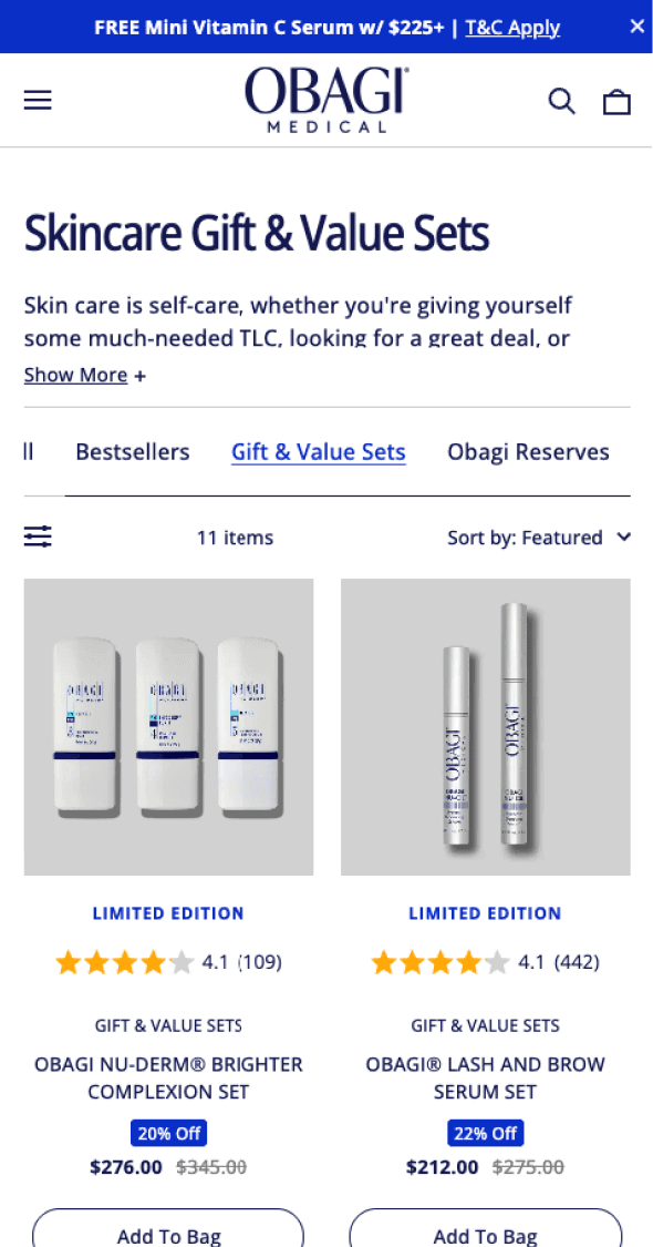 Mobile skincare product listing featuring Obagi sunscreen range