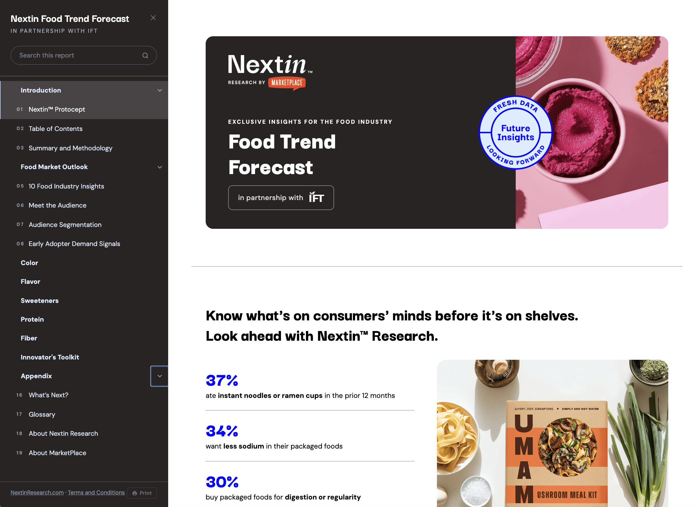 Cover of the Nextin Food Trend Forecast, a consumer insights report that looks to the new food trends emerging in 2026, 2027, and 2028, and published in partnership with IFT. Sidebar table of contents summary and a partial view of a boxed prebiotic pasta meal featuring a variety of mushrooms.