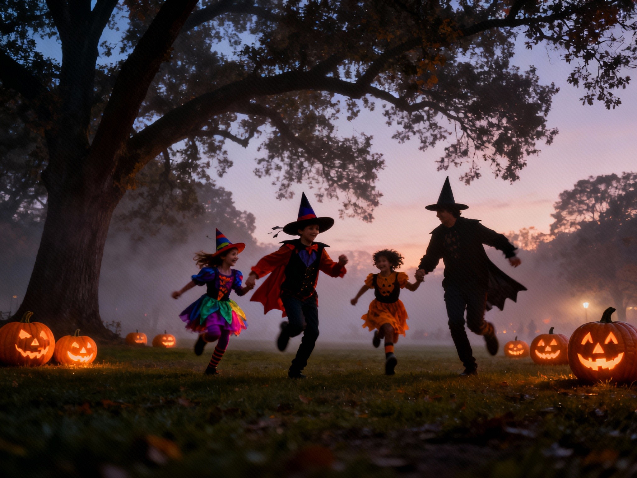 A playful family in colorful, whimsical Halloween costumes runs through a foggy park at dusk