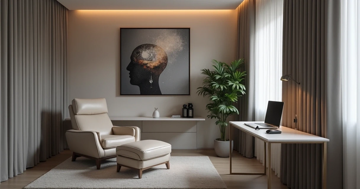 Consultório masculino moderno com poltrona elegante e equipamentos médicos discretos 
