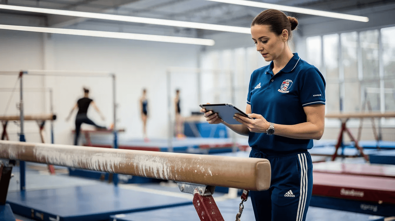 A gymnastics coach stands next to a balance beam in a gym, holding a tablet that likely features gymnastics club management software to track attendance and manage class schedules. This scene highlights the integration of technology in gymnastics training, allowing coaches to focus on athletes' development while efficiently managing administrative tasks.