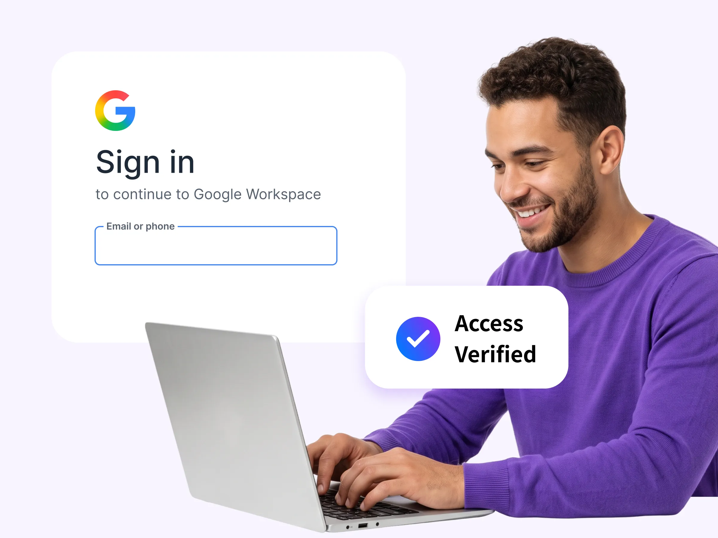 Man logging into Google Workspace using HENNGE Identity contextual access control and verified access.