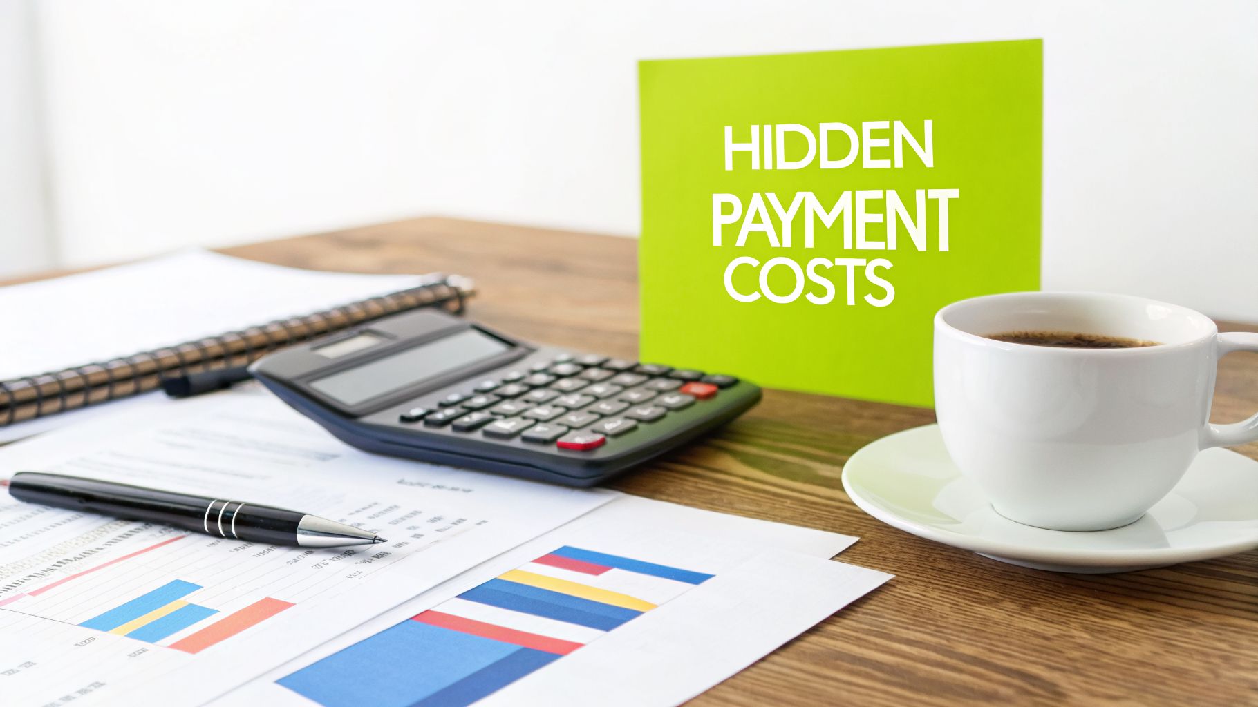 An office desk with a calculator, financial documents, a coffee cup, and a sign reading 'Hidden Payment Costs'.