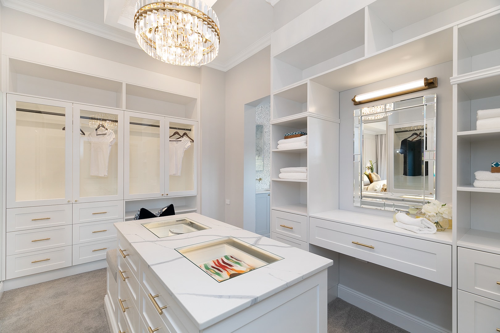 A custom designed wardrobe with multiple built in spaces
