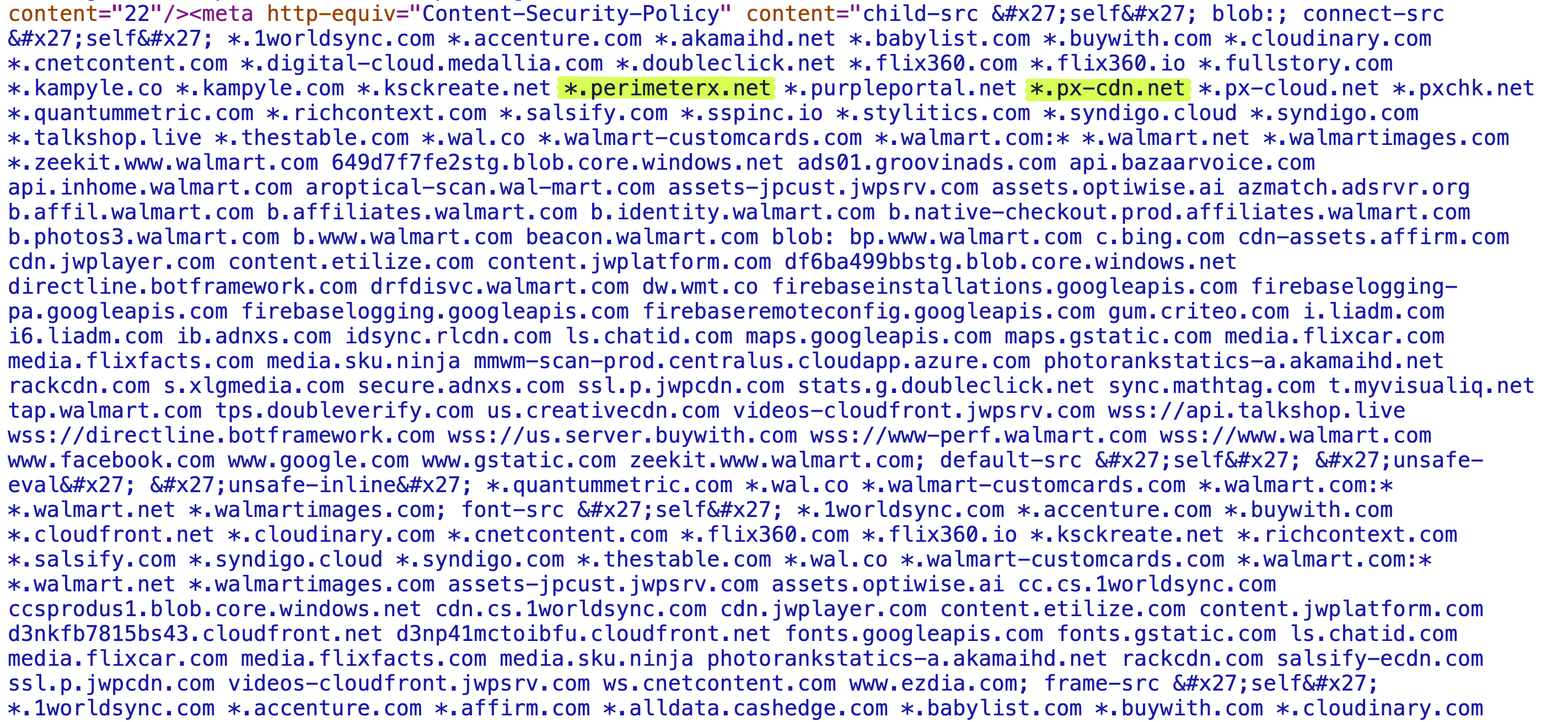 Walmart's product page responses include this CSP meta tag. Those highlighted strings are what the original markers matched against on essentially every successful fetch.