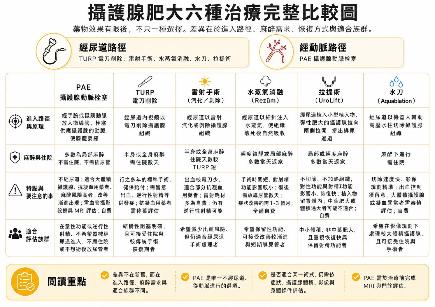攝護腺肥大六種治療比較圖：PAE 栓塞、TURP、雷射、水蒸氣消融、拉提術與水刀的路徑、麻醉與適合族群
