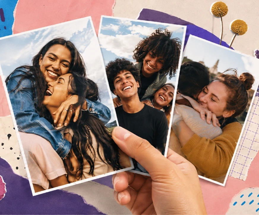Pessoa segurando fotolivro com foto de mulher sorrindo ao ar livre, com a frase “Eu amo o Norte” escrita no canto da imagem