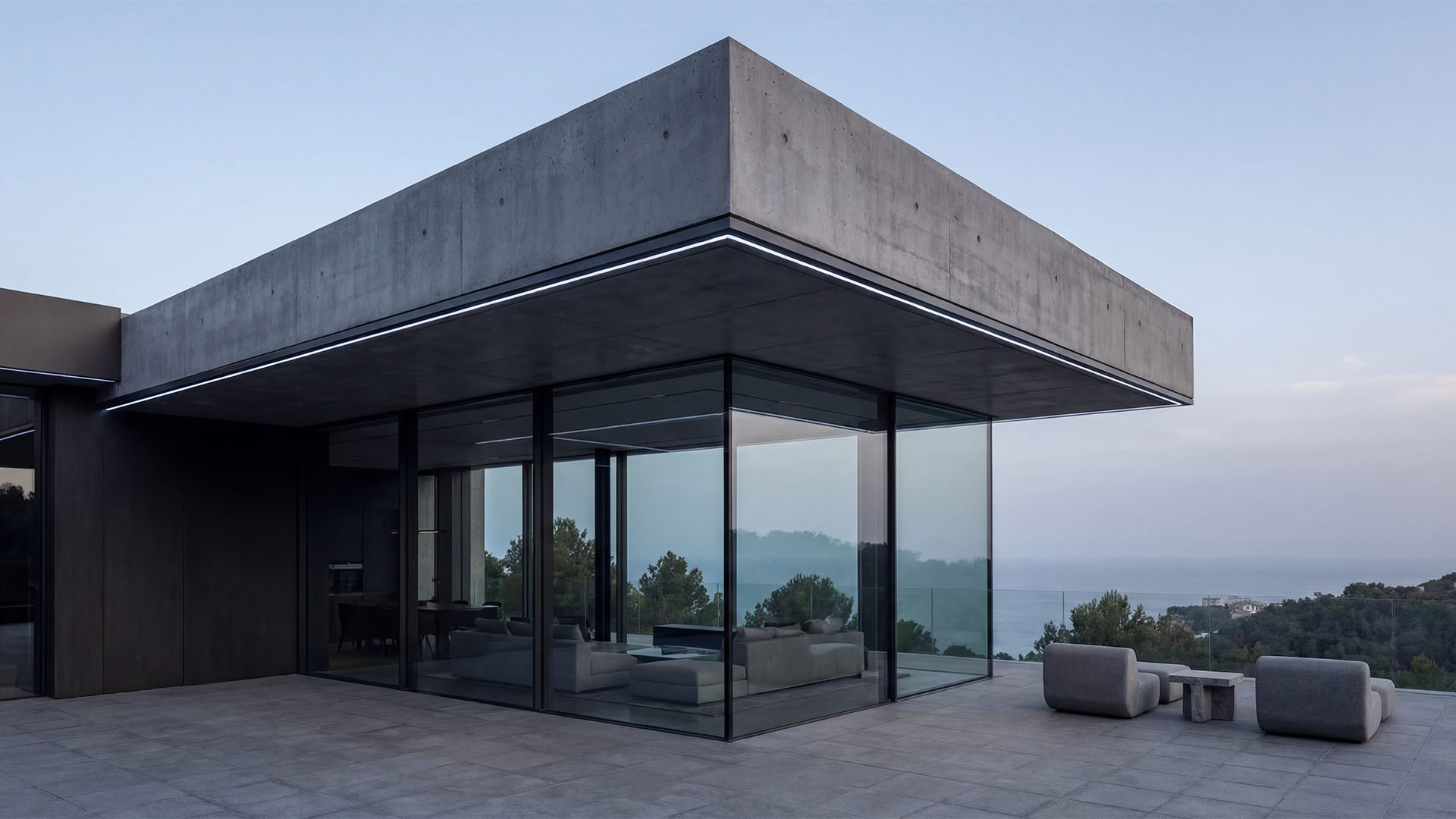 Minimalist luxury villa terrace with glass architecture and panoramic sea view in Marbella