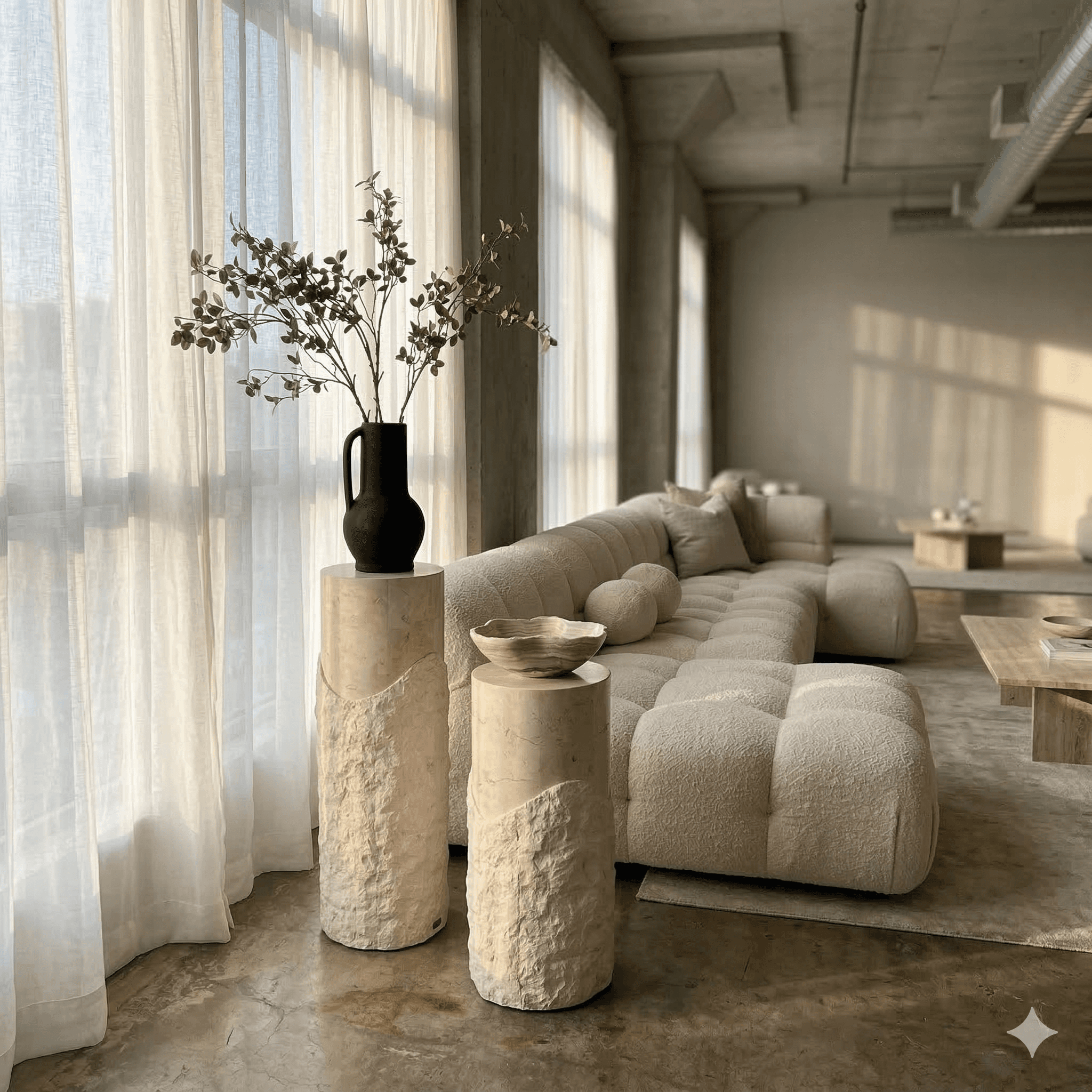 Modern workspace with curved brown walls, stylish desk setup, round mirror, and warm copper lighting.