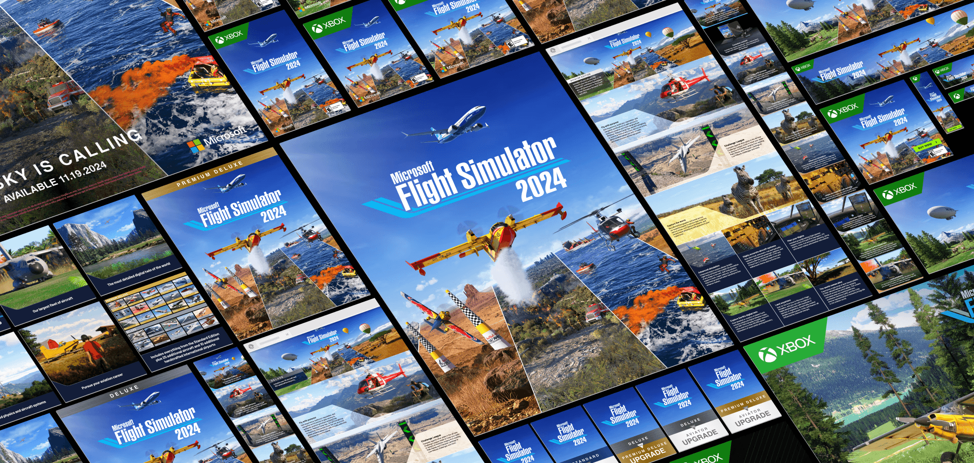 Collage of Microsoft flight simulator 2024 images including boxshots, mobile and desktop marketing images