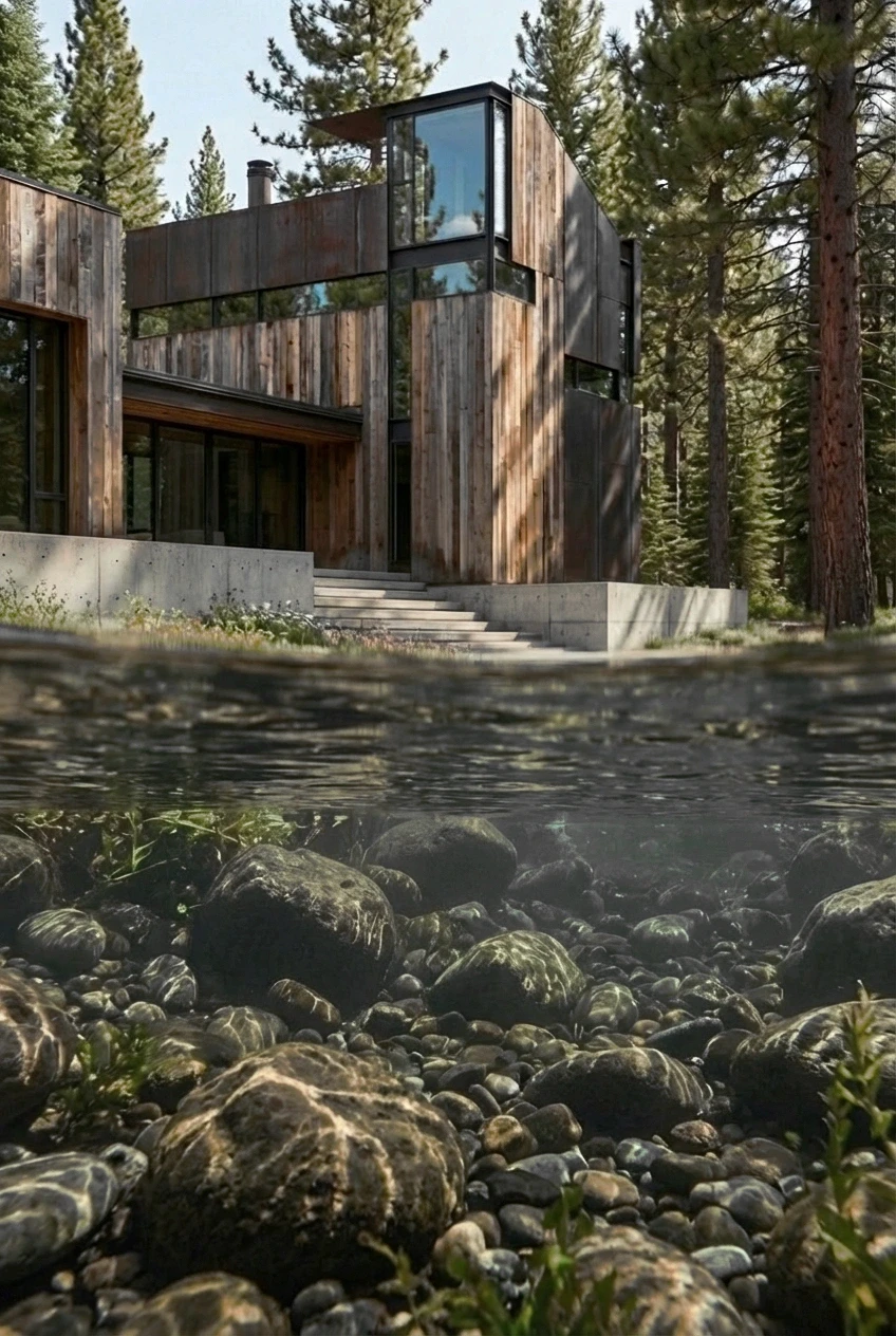 A modern woodland home with a stepped stone entry path surrounded by native grasses and pines.