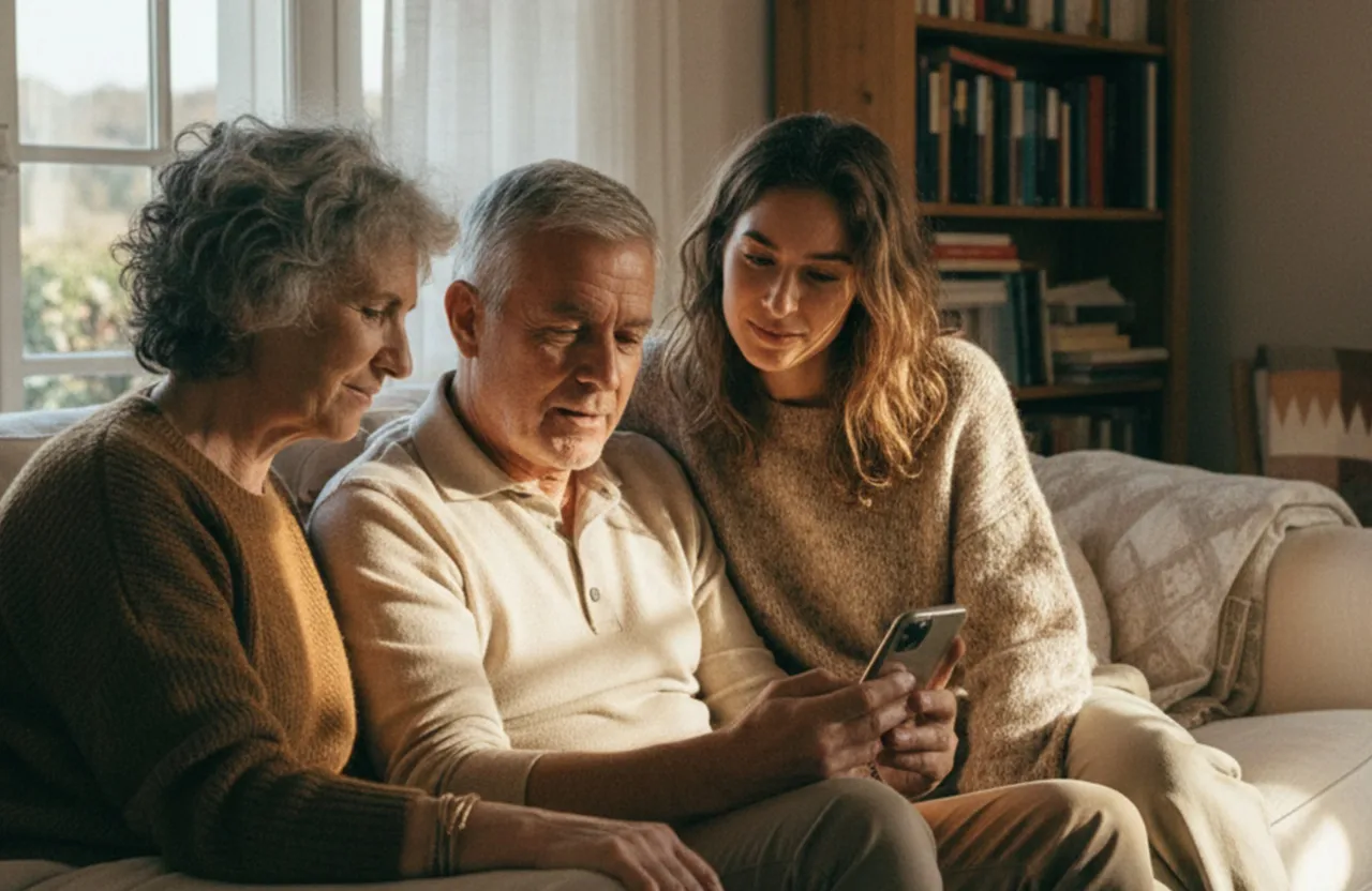 Three people sit closely on a couch, looking at a smartphone.