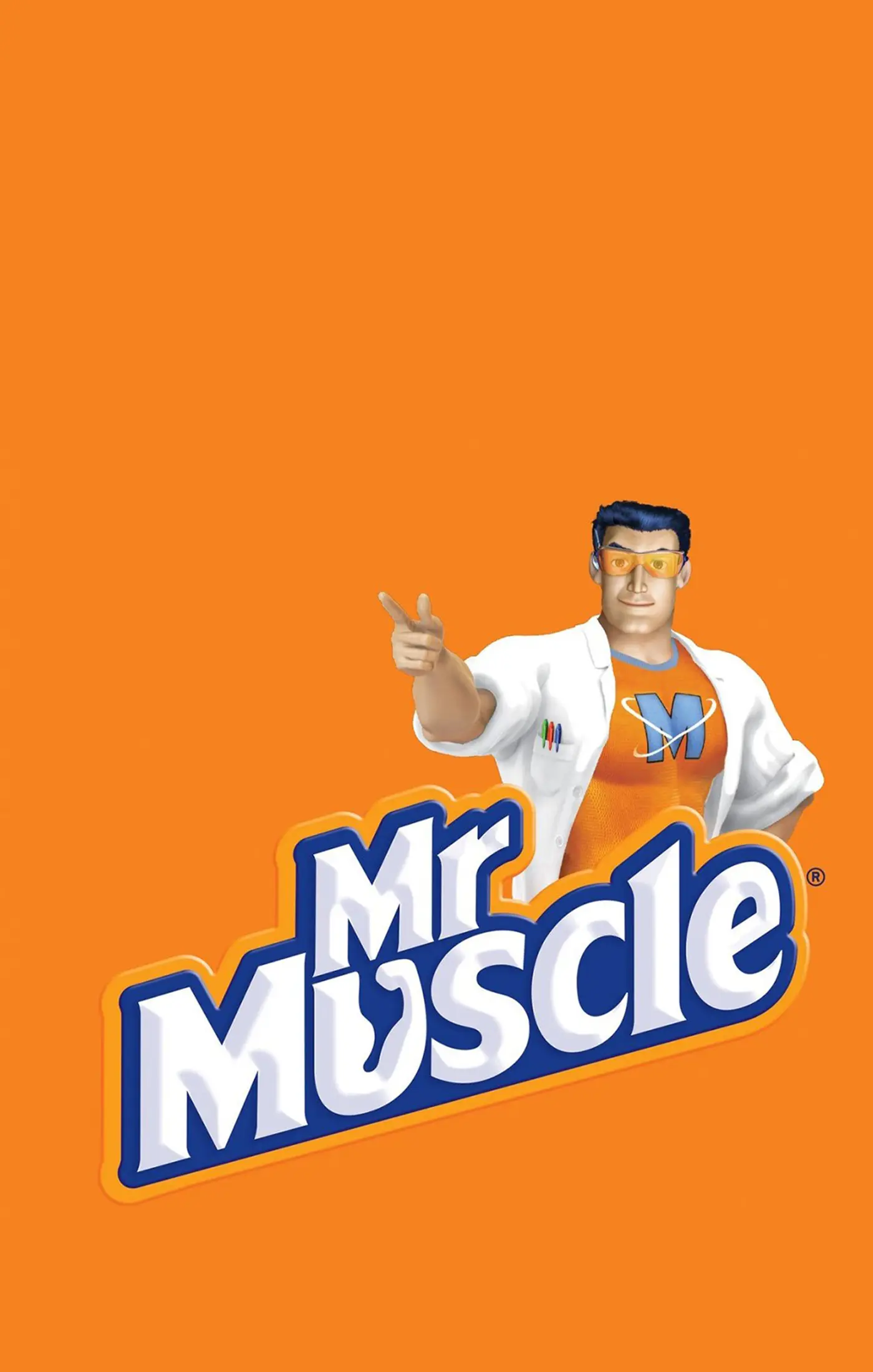 Cartoon character with spiky hair and orange goggles points confidently with both hands on an orange background. Text reads "Mr Muscle" in bold white and blue.