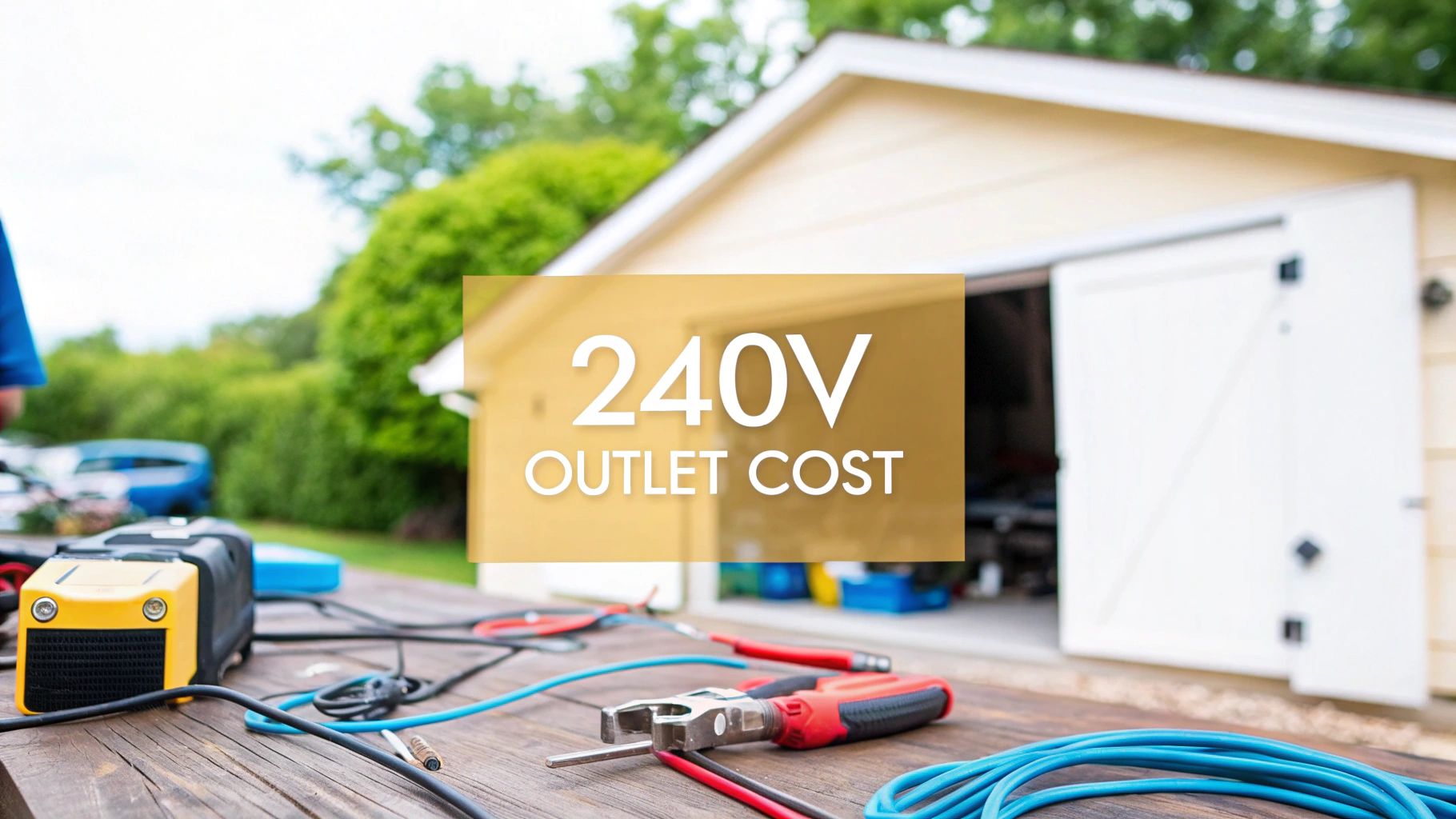 a workbench with text '240V outlet cost' in the background