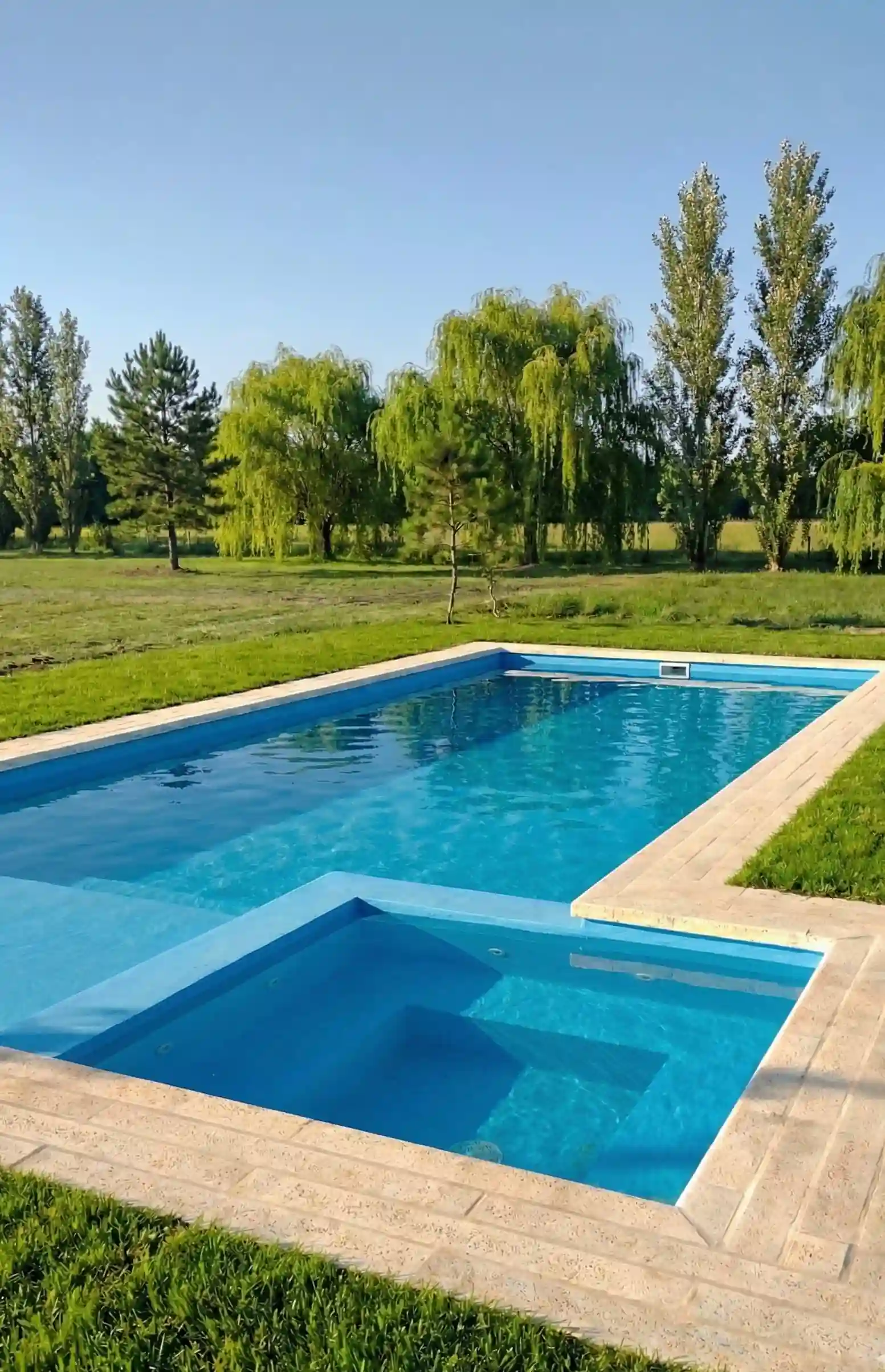 Amplia pileta color celeste vibrante con jacuzzi cuadrado integrado, ubicada en un extenso parque verde con árboles de gran porte.