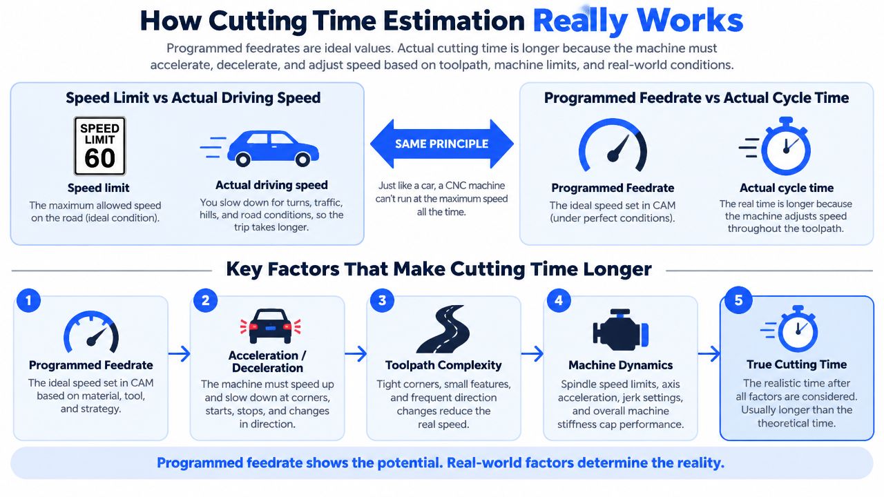 An infographic explaining how actual CNC cutting time is longer than the theoretical programmed feedrate estimations.