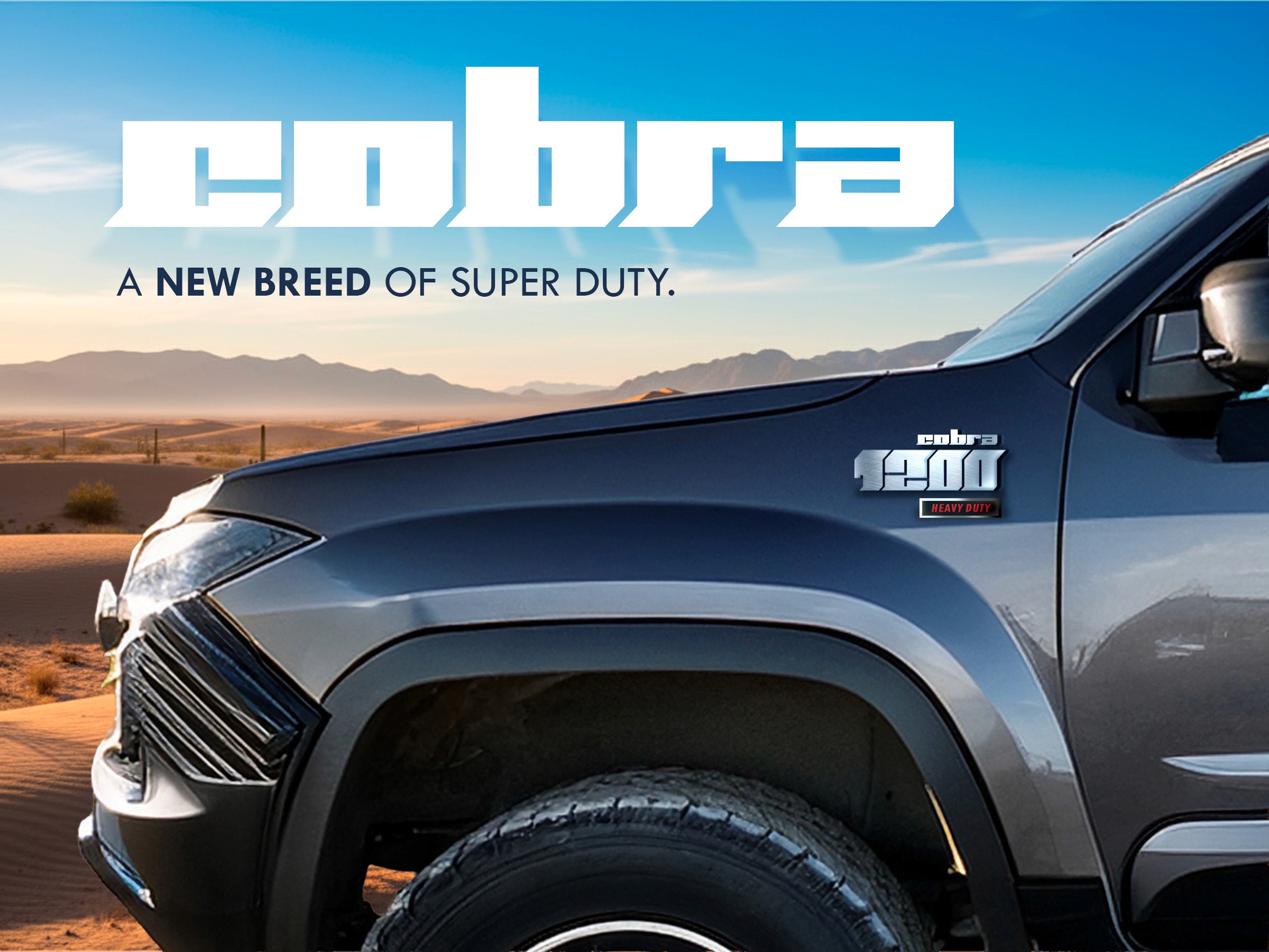 A truck advertisement with the typeface Blacklink being used as the brand wordmark "Cobra" and as the raised badge on the truck itself.