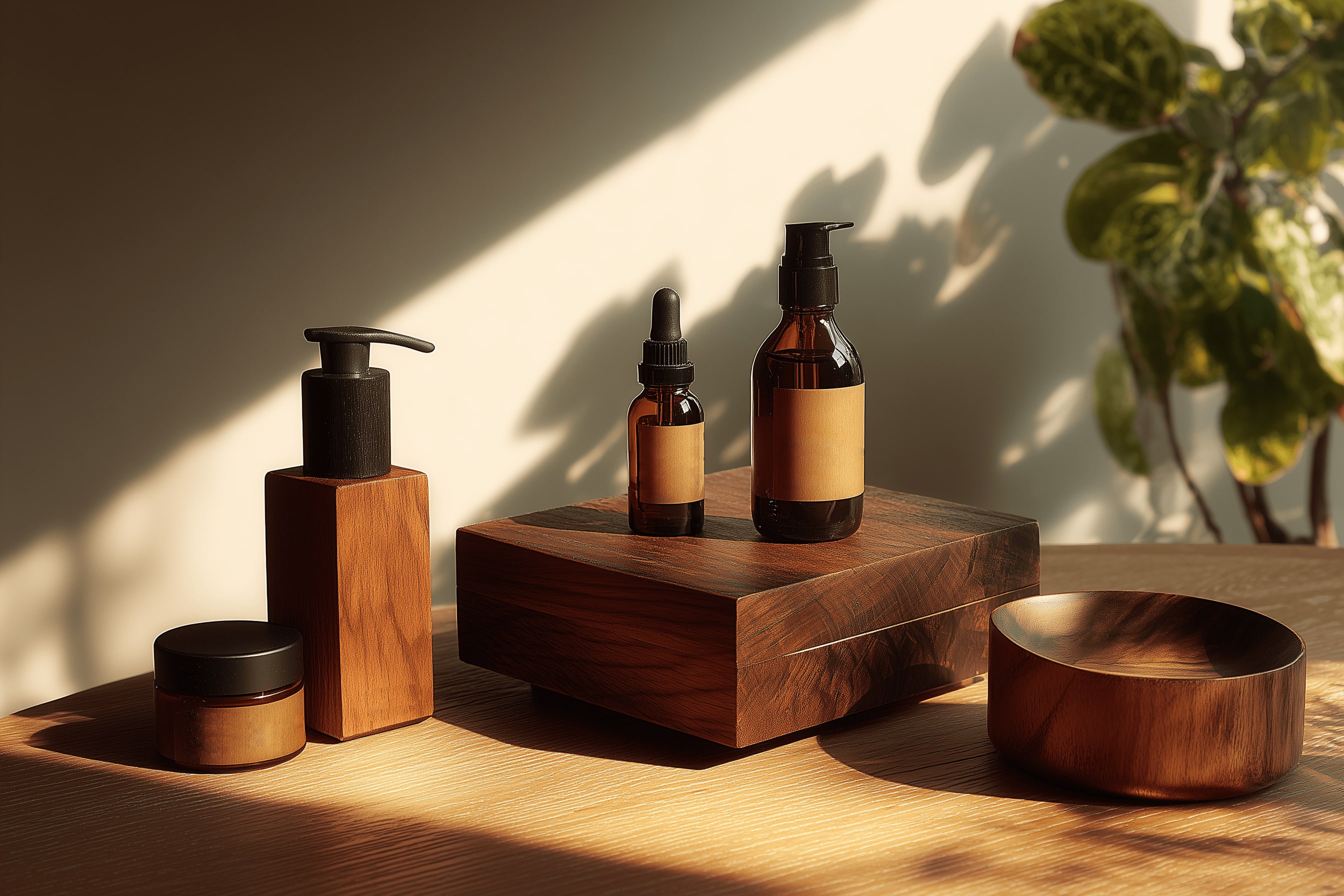 Bottles and skincare products on a table with brown tone