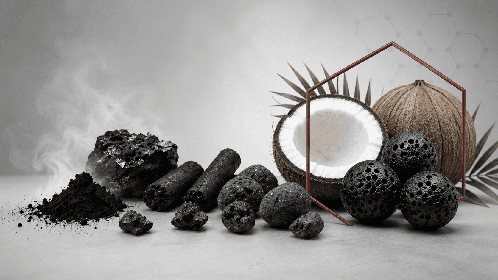 Coconut shells and multiple forms of coconut shell activated carbon, including powder, granules, pellets, and porous carbon spheres.