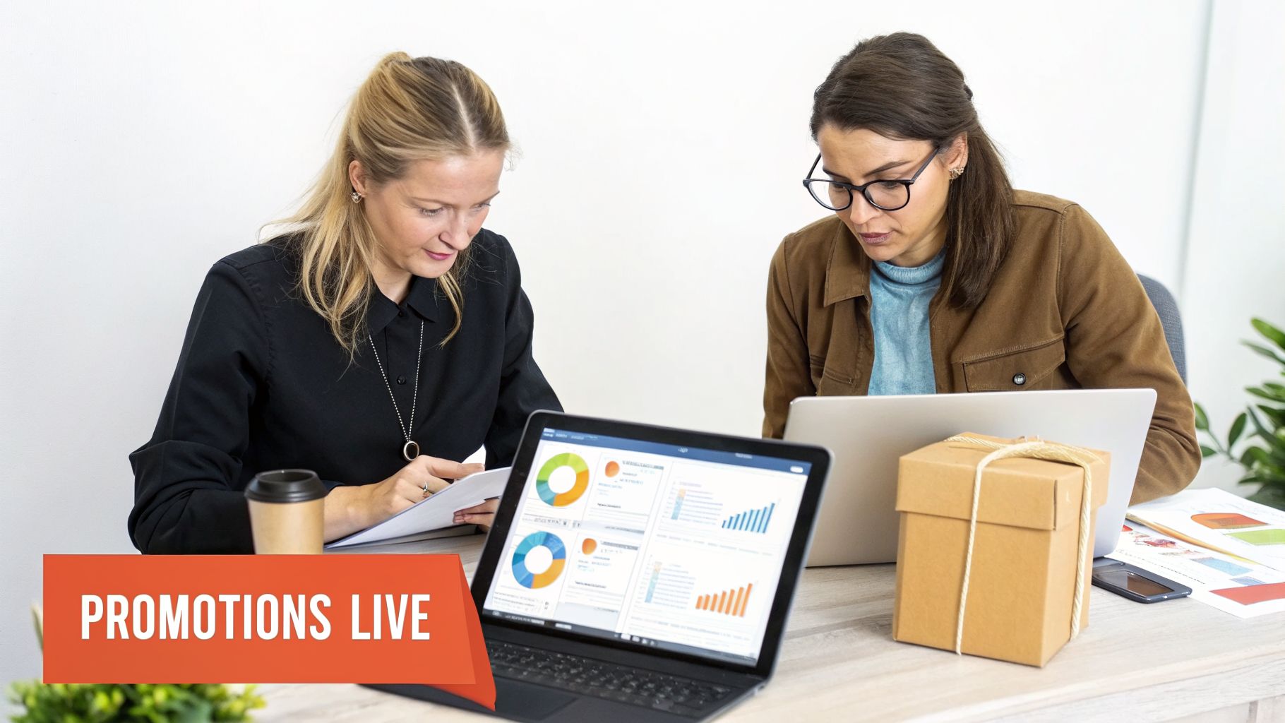 Two women work together at a desk, reviewing documents and laptops with charts, a coffee cup, and a 