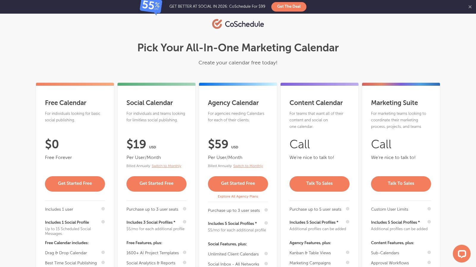 CoSchedule Social Calendar's various pricing plans and features