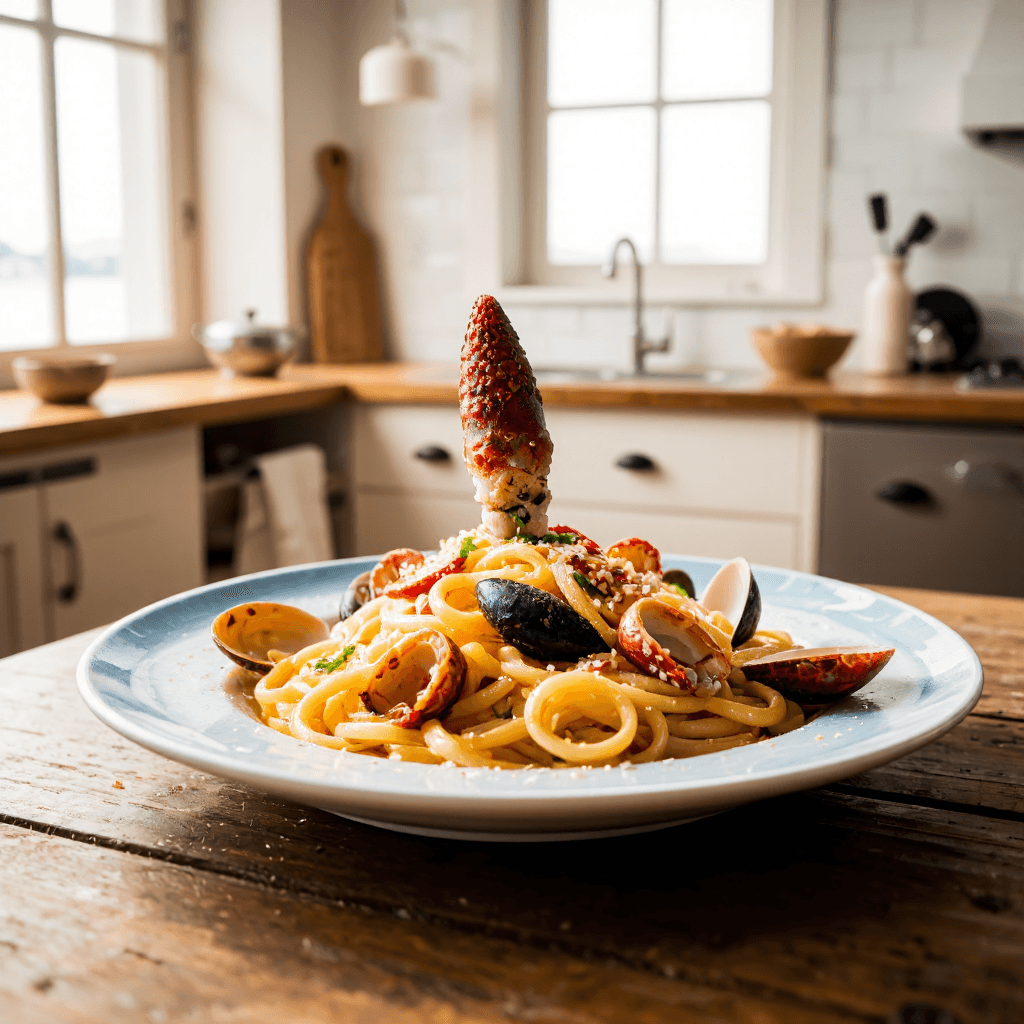 product photography of a plate of seafood pasta with various shellfish and octopus
