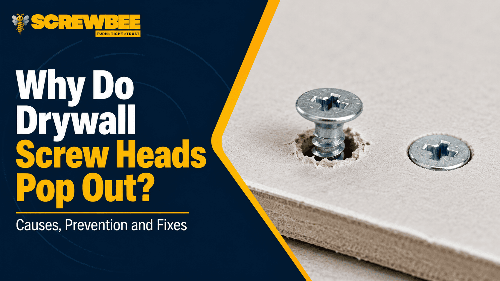 Drywall screw head popping out from gypsum board - causes, prevention and fixes by Screwbee