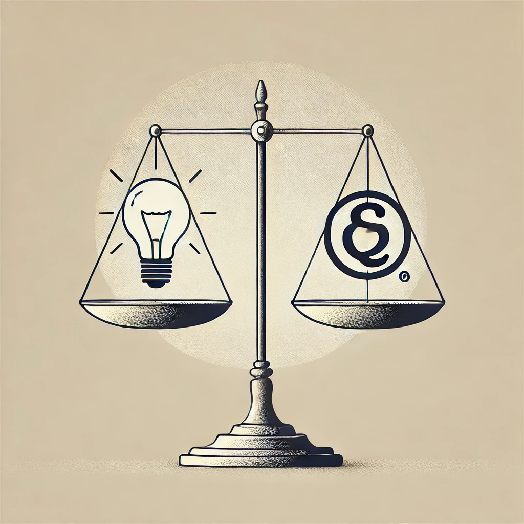 Fikri mülkiyet ve marka hukukunu temsil eden sade bir illüstrasyon. Dengede bir tarafında ampul (inovasyon ve fikirleri simgeler), diğer tarafında ® işareti (marka tescilini simgeler) bulunan bir terazi.