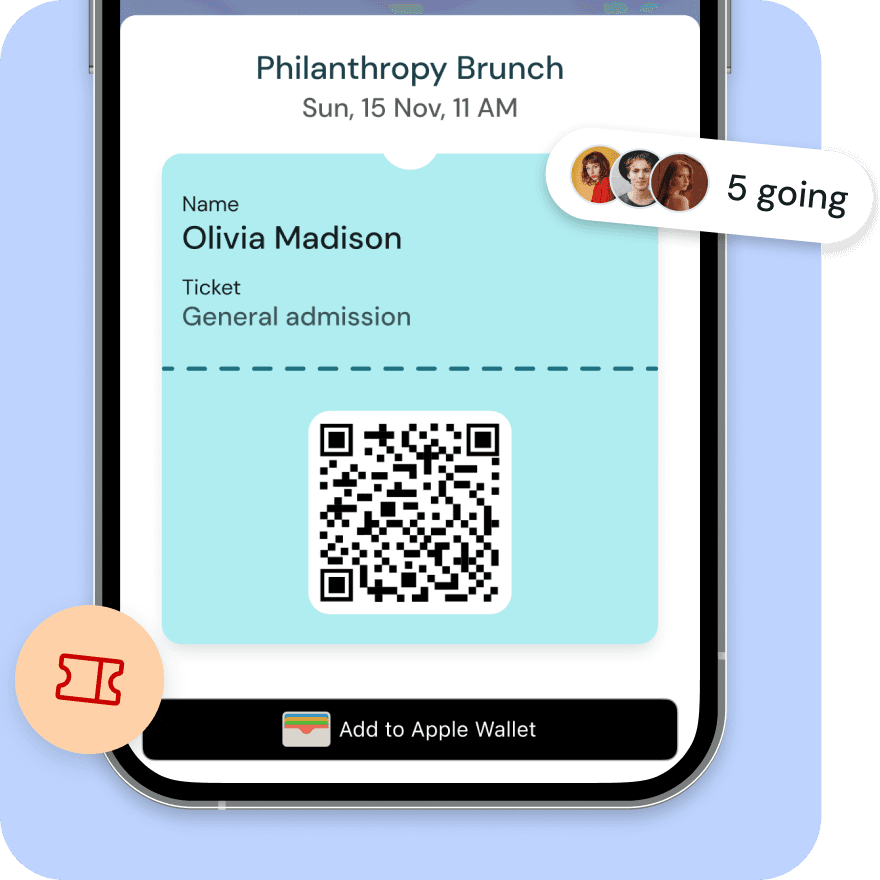 Lounge app screen for campus event registration and ticketing, displaying attendance and event details for student organizations