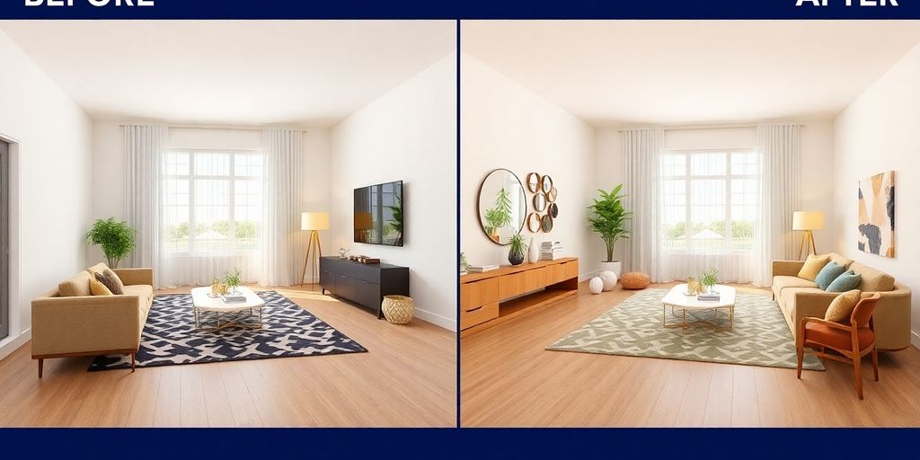 Before and after of a virtually staged room.