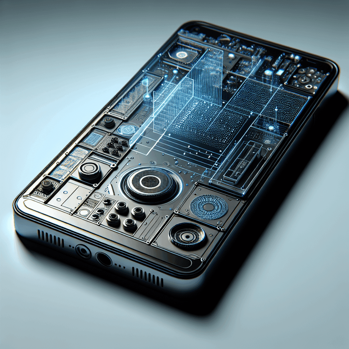 AI generated image of a 3D rendering of a sleek, modern smartphone showcasing intricate internal components and futuristic digital interfaces.